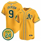 Men's Oakland Athletics #9 Reggie Jackson Yellow 2024 Limited With Rickey Henderson Patch Stitched Jersey Dzhi,baseball caps,new era cap wholesale,wholesale hats